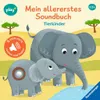 A children's sound book cover featuring two elephants, one adult and one baby, in a savanna-like setting with trees and water. Produktbild-Vorschau