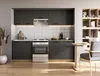 A modern kitchen setup with dark gray cabinets and a white tiled backsplash. Náhled obrázku produktu