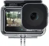 A close-up front view of a black and clear action camera in a waterproof case, mounted on a transparent bracket. Produktbild-Vorschau