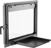 A close-up view of a fireplace door with a glass window and a pull-out ash tray. Produktbild-Vorschau