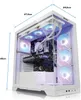 A white gaming PC with RGB lighting is shown from the side, with dimensions indicated by blue lines and text. Produktbild-Vorschau