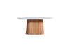 A white round tabletop dining table with a natural wood base made of vertical slats, isolated on a white background. Produktbild-Vorschau