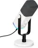 A white and gray USB/XLR gaming microphone with a black stand and a white circular base, set against a white background. Náhled obrázku produktu