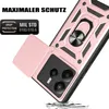 A pink phone case with a ring holder and a camera cover is shown against a white background, with text overlays highlighting its features. Produktbild-Vorschau