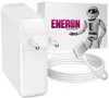 A white Macbook charger and cable are displayed next to a box with a robot mascot and brand logo. Produktbild-Vorschau