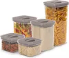 A set of five clear plastic food storage containers with gray lids, filled with various food items like pasta, rice, and almonds. Produktbild-Vorschau