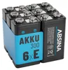 A group of six 9V rechargeable batteries are bundled together with a blue plastic holder. Produktbild-Vorschau