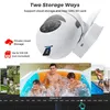 A marketing image showing a white security camera with text overlays about storage options and a timeline with video clips of children playing. Produktbild-Vorschau
