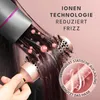 A close-up shot of a person using a hair dryer on their hair, with text overlays highlighting product features. Produktbild-Vorschau