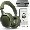 A set of green over-ear headphones, a carrying case, and a smartphone displaying the headphone's app. Produktbild-Vorschau