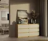 A modern dresser with six drawers sits in a room with abstract art on the wall and curtains. Náhľad obrázku produktu