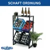 A metal shelving unit designed to hold beverage crates, with bottles and tomatoes displayed on it. Produktbild-Vorschau