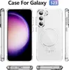 A collage of images showing a clear phone case for a Samsung Galaxy S23, highlighting its MagSafe compatibility and design. Náhled obrázku produktu