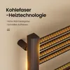A close-up marketing image of a black electric towel radiator with glowing orange heating elements, set against a light beige wall. Produktbild-Vorschau