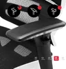 Close-up of an office chair armrest with feature icons and text labels. Voir les images du produit