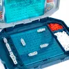 A Battleship board game set up for play, with ships placed on the grid and red and white pegs in storage compartments. Produktbild-Vorschau