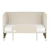 A beige baby crib with a mattress and quilted sides, shown from the front against a white background. Produktbild-Vorschau