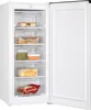 An open freezer with various food items in drawers. Produktbild-Vorschau