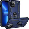 A blue iPhone case with a built-in ring stand is shown from two angles against a white background. Produktbild-Vorschau