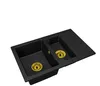 A black double-basin kitchen sink with gold drains, shown from a diagonal angle against a white background. Produktbild-Vorschau
