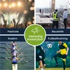 A collage of four images showing different activities: a music festival, construction workers, a rowing team, and a soccer player practicing. A central green circle contains a megaphone icon and text. Anteprima dell’immagine prodotto