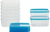 Several stacks of clear plastic food storage containers with blue lids, arranged on a white background. Produktbild-Vorschau