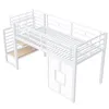 A white metal loft bed with a wooden shelf and a decorative panel underneath. Produktbild-Vorschau