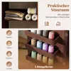 A close-up view of a wooden sewing cabinet with shelves filled with spools of thread, and a separate image showing folded fabric and spools of yarn on a shelf. Anteprima dell’immagine prodotto