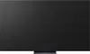 A front view of a large, flat-screen television with a black screen and a thin black bezel, resting on a dark stand. Produktbild-Vorschau
