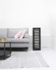 A minimalist living room setup with a sofa, coffee table, rug, and a wine cooler. Produktbild-Vorschau
