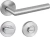 A set of stainless steel door hardware, including a lever handle and two rosettes, displayed against a white background. Produktbild-Vorschau