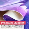 A close-up of a rolled-up vinyl mat with a space-themed print, featuring text overlays describing its quality. Náhled obrázku produktu