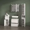 A modern bathroom vanity set with a sink, drawers, and storage cabinets against a green wall. Produktbild-Vorschau