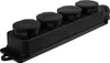 A black multi-outlet power strip with four covered sockets, shown from a slightly elevated diagonal angle against a white background. Produktbild-Vorschau