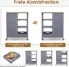 A collage showing different configurations of a gray kitchen cart with a wooden top, along with a tray of items and close-ups of drawers. Podgląd zdjęcia produktu