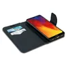 A black flip case for a Huawei Y6 2019 smartphone, shown open with the phone inside and two cards in the case's card slots. Produktbild-Vorschau