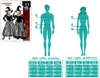 A collage image showing a product photo of two witch costumes and two size charts with diagrams of male and female figures. Produktbild-Vorschau