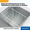 Close-up view inside a white chest freezer, showing a white wire basket suspended inside. Produktbild-Vorschau