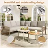 An outdoor patio scene featuring a sectional sofa and coffee tables, with close-up insets highlighting product features. Produktbild-Vorschau