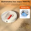 A robot vacuum cleaner is shown on a carpeted surface. A separate inset image shows the underside of a robot vacuum with suction indicated by blue arrows, and dirt being picked up. Podgląd zdjęcia produktu