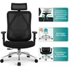 A black ergonomic office chair with several marketing callouts highlighting its features. Produktbild-Vorschau