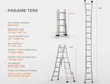 A product information sheet showing a multi-position ladder in various configurations with detailed specifications. Anteprima dell’immagine prodotto