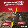 A rototiller is shown in action, tilling soil. The image is split to show the 'before' (compacted soil) and 'after' (tilled soil). Produktbild-Vorschau