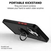 A black phone case with a ring stand is shown at an angle against a light gray background. Text overlays describe its features. Produktbild-Vorschau