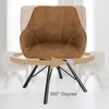 A brown swivel chair with black legs is shown with a circular arrow indicating 360-degree rotation and text. Produktbild-Vorschau