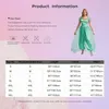 A woman is modeling a green oriental princess costume next to a size chart and care instructions. Produktbild-Vorschau
