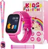 A pink smartwatch for children is displayed with its packaging and accessories. Produktbild-Vorschau