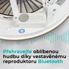 Close-up of the underside of a ceiling fan with a built-in Bluetooth speaker, showing text and a Bluetooth logo. Náhled obrázku produktu