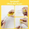 A collage of four images showing how to assemble and use a mini citrus juicer. Produktbild-Vorschau