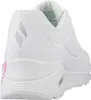 A close-up rear view of a white Skechers sports shoe with a pink accent. Produktbild-Vorschau